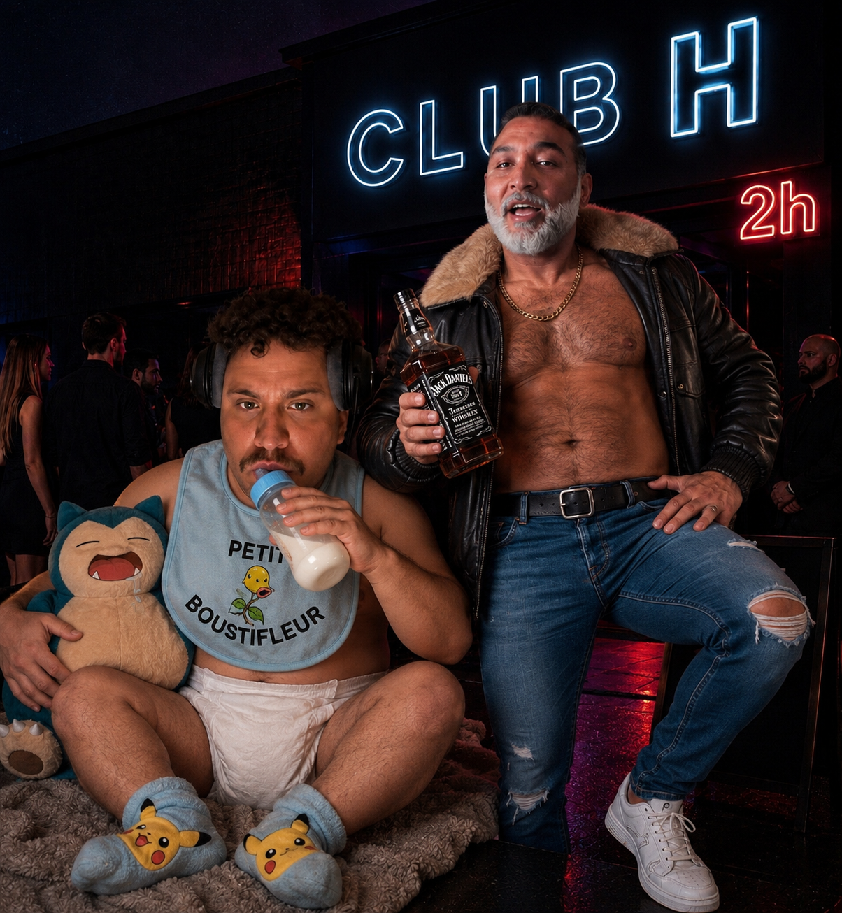 Adel et son pote devant le Club H, ambiance néon